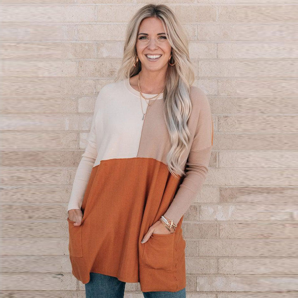 Orange Color-Block Pocket Long-Sleeve Hoodie