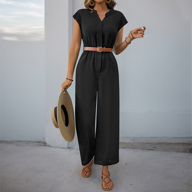 Casual Chic Waist-Cinched Short-Sleeve V-Neck Straight-Jump Suit For Women