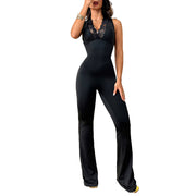Sexy V-Neck Lace Trim Flared Jumpsuit