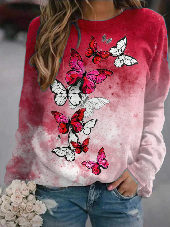 Floral Butterfly Print Loose Casual Pullover Sweatshirt