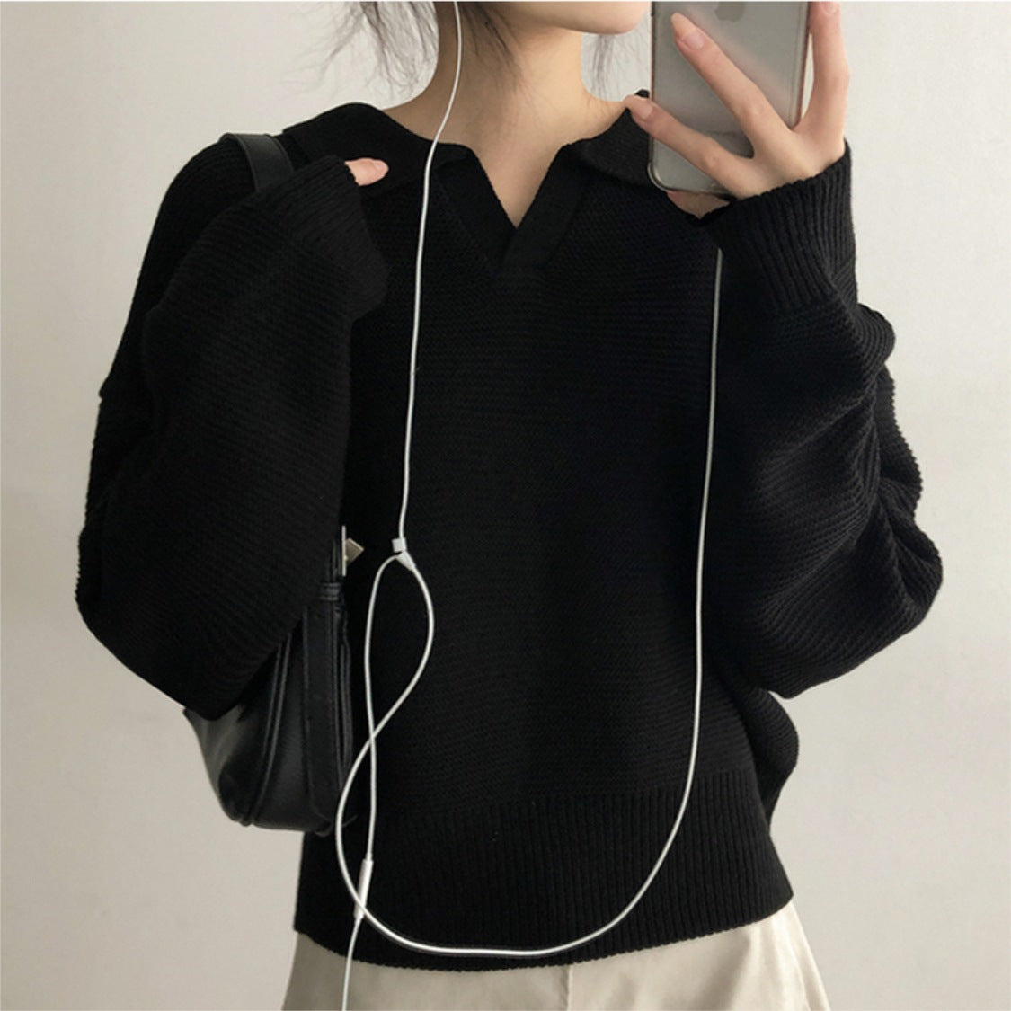 Winter Lapel Pullover Knitting Korean Style Sweater Thick Solid Color and V-neck Sweater