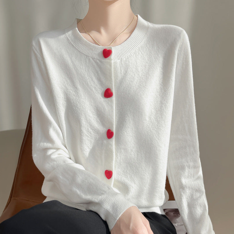 Round Neck Cardigan Red Heart Buckle Sweater for Women