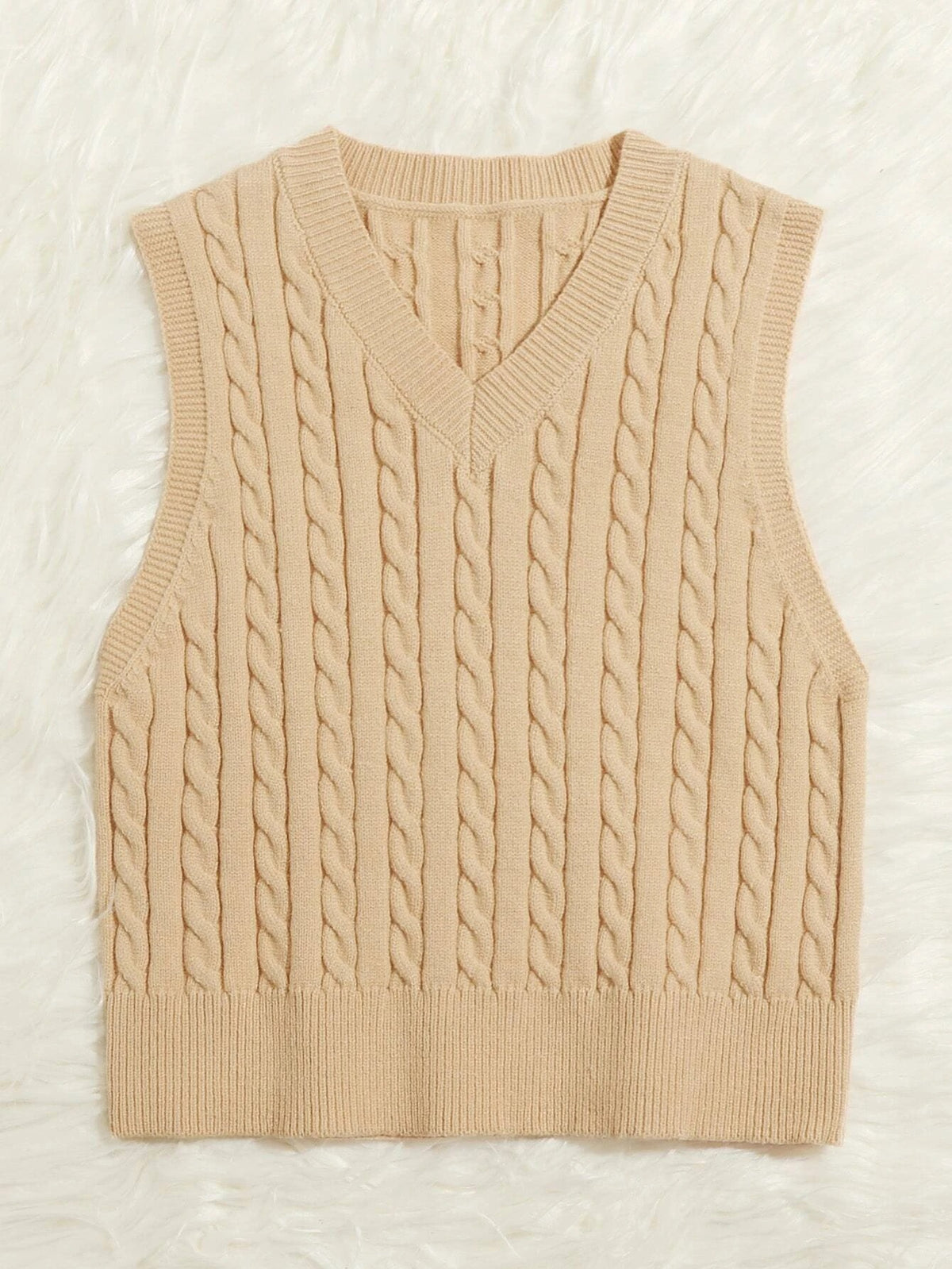 Springsummer Knitted Cabled Vest Pullover with V-neck