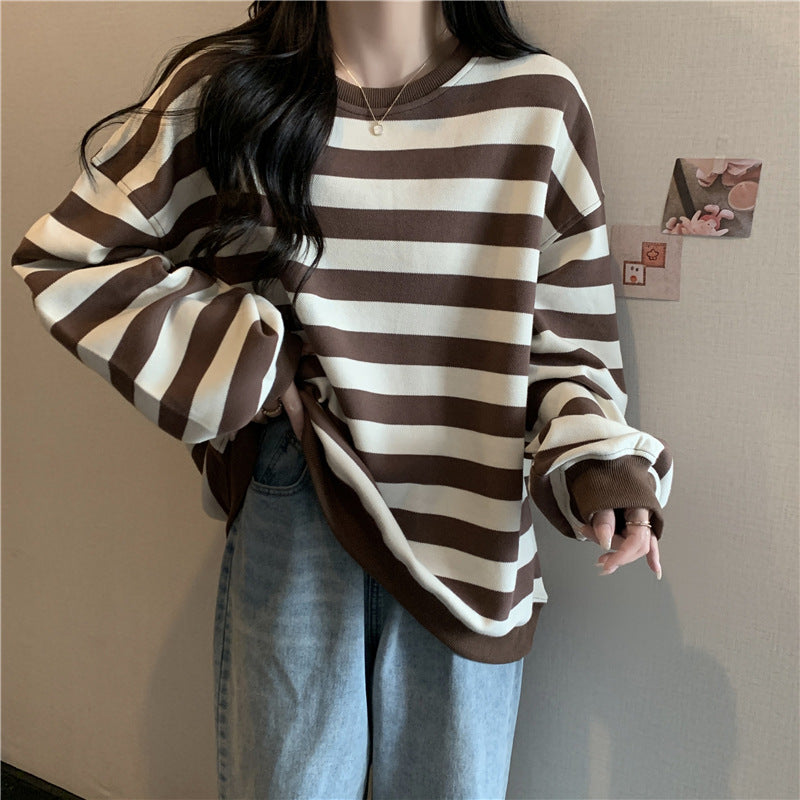Retro Striped Crew Neck Casual Sweatshirt for Women