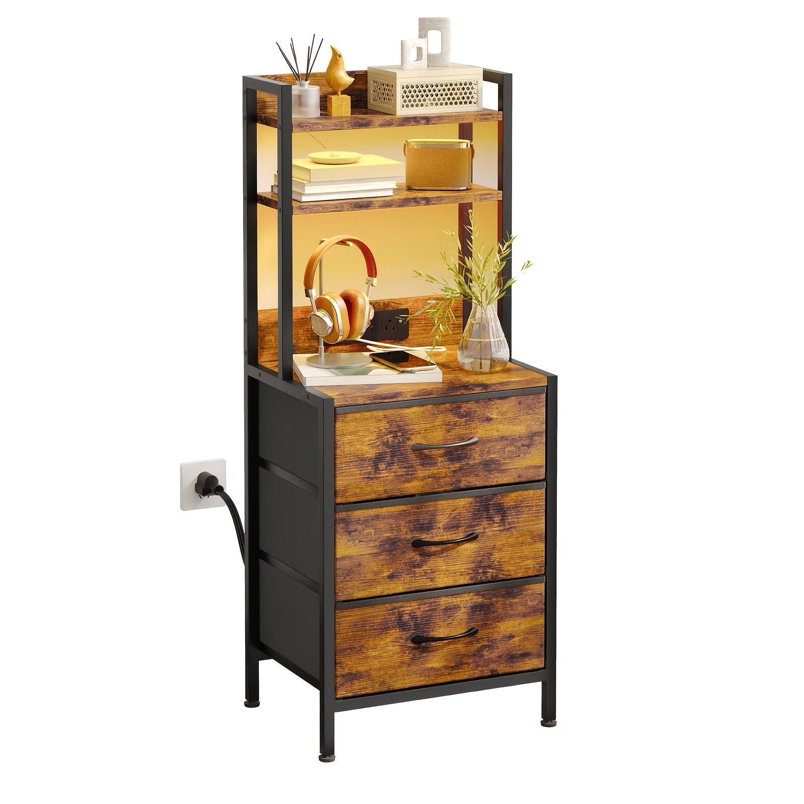41" LED Nightstand with Built‑in Ports and Outlets, 3‑Drawer PU Fabric Storage