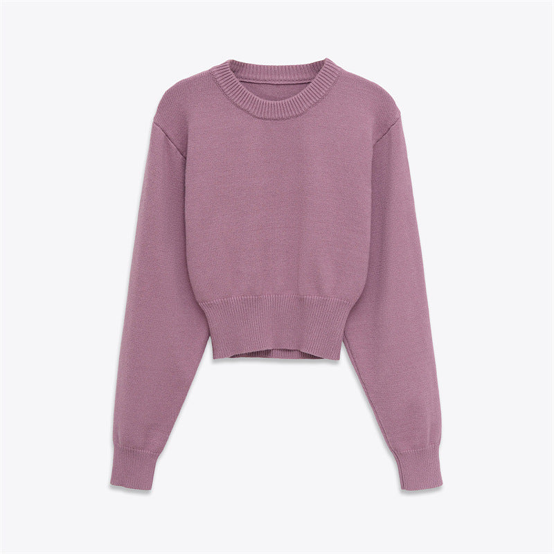 European and American Style Fashionable Round-neck Long-sleeve Plain Knit Sweater