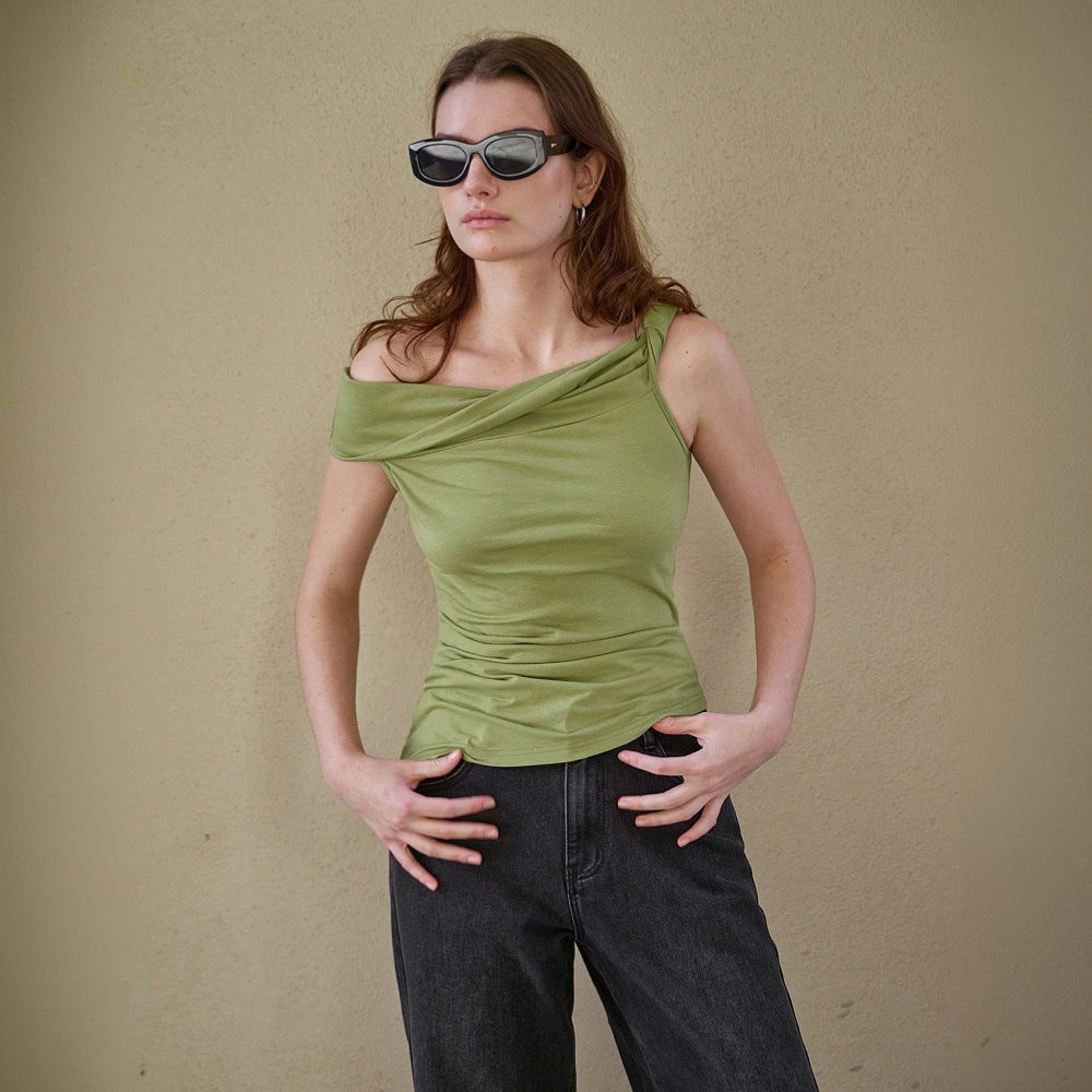 Minimalist Off‑Shoulder Short‑Sleeve Top – Light Green