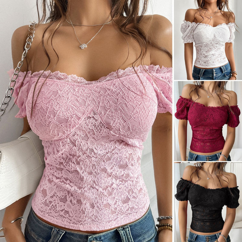 Off-Shoulder Lace Top – Slim Fit Cut-Out Midriff Shirt