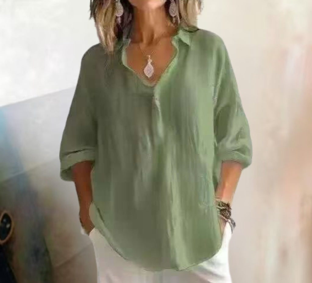 Fashion Long-sleeved Lapel Pullover Shirt Casual Loose Solid Color T-shirt Tops Women's Clothing