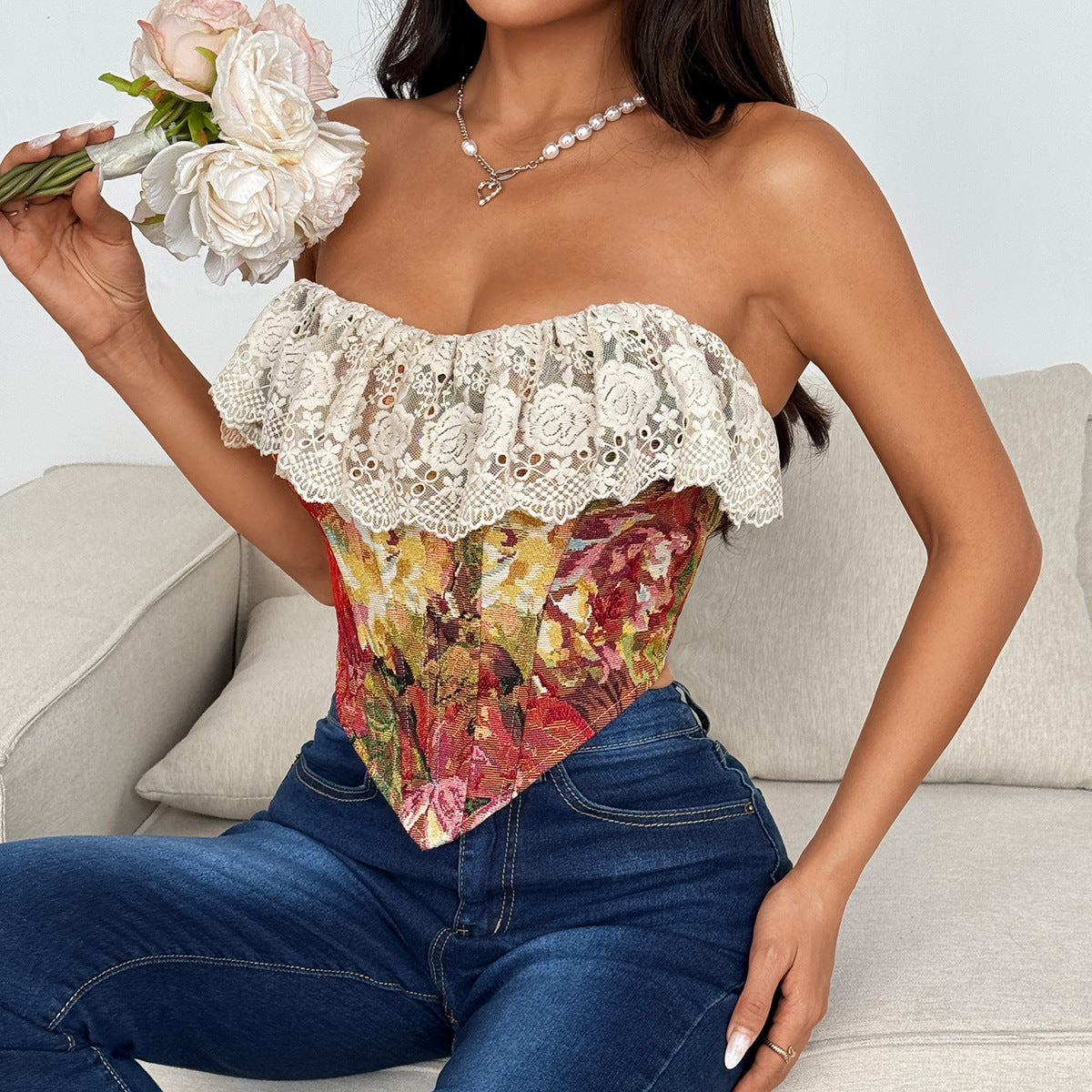 Floral Fishbone Vest – Retro Lace Short‑Sleeve Open‑Back Trendy Top