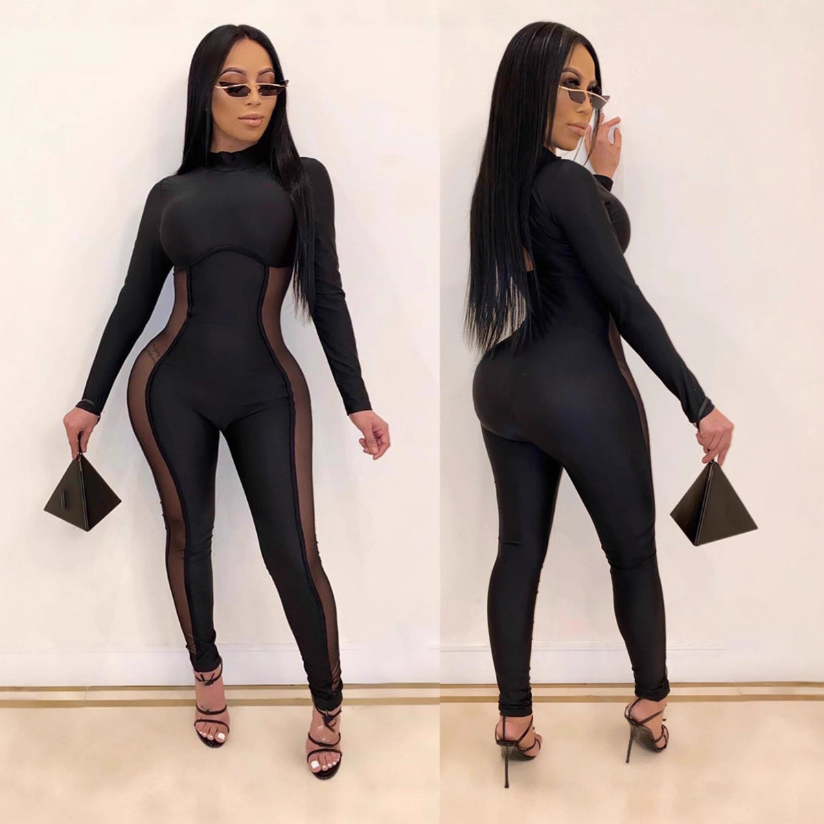 Sexy Mesh-Panel Long-Sleeve Jumpsuit for Women