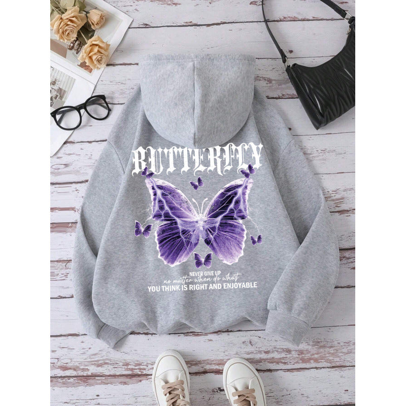 Women's Purple Butterfly Print Sports Hoodie Sweatshirt