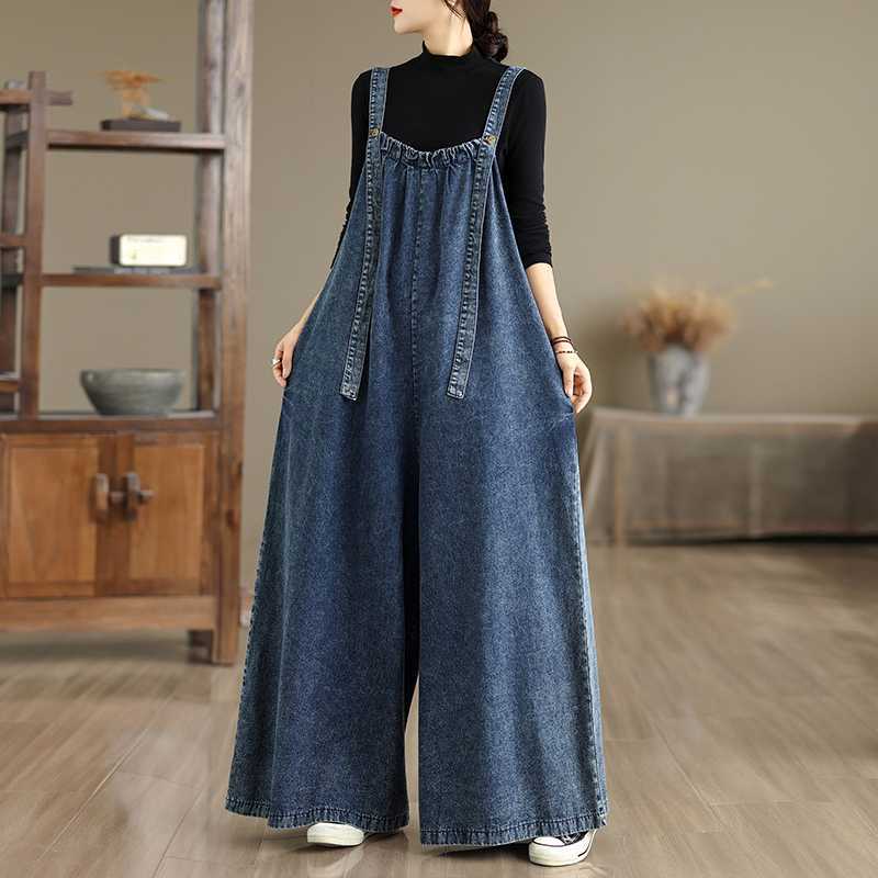 Retro Loose-Fit Denim Overalls Plus-Size Casual Pants