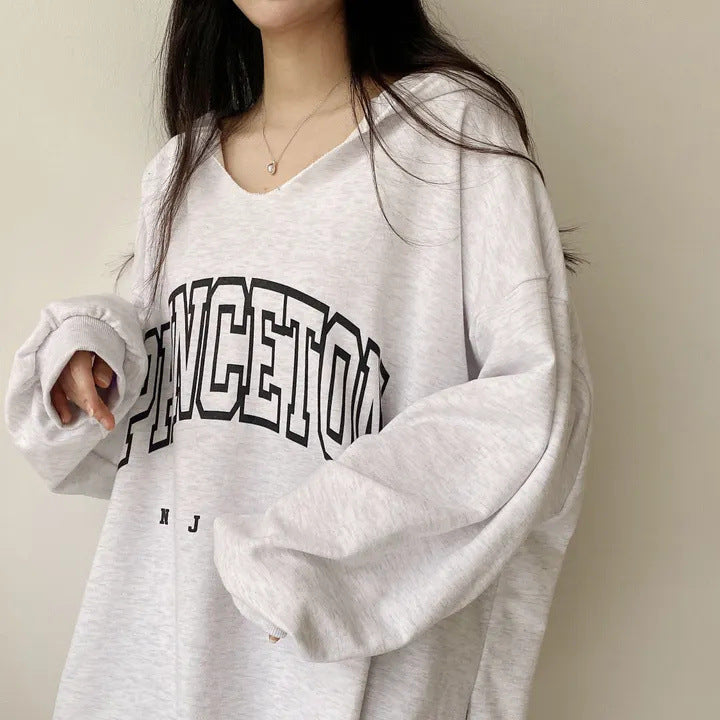 Korean Style Letter Print Loose Hooded Casual Sweater