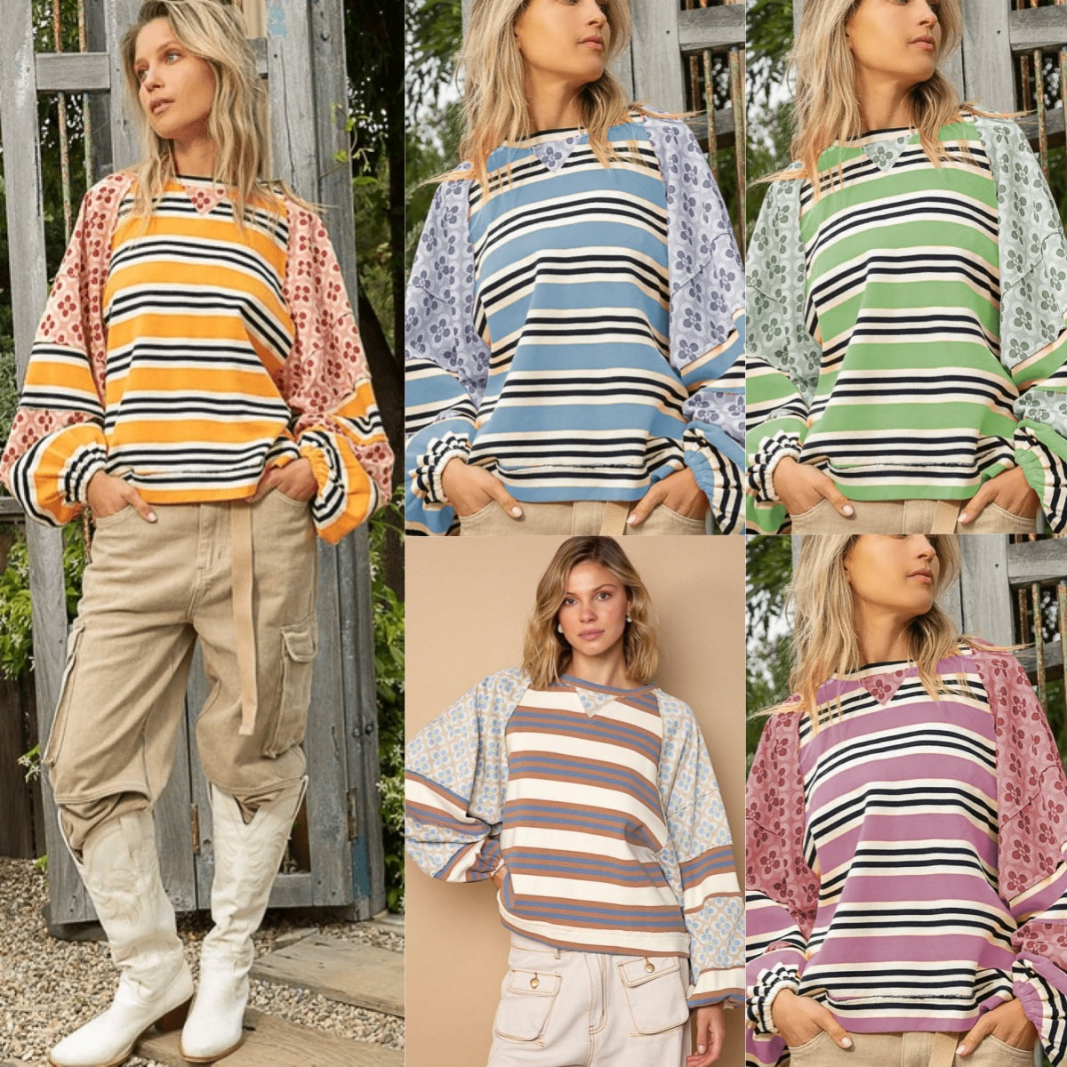 Women's Color Block Print Loose Long Sleeve Pullover Top