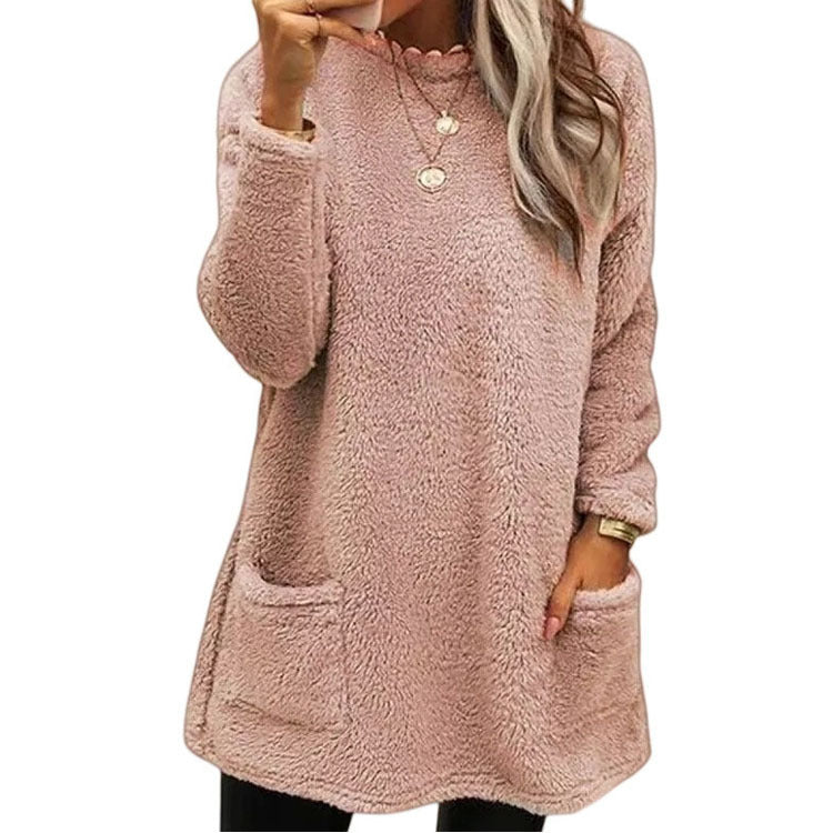 Women's Casual Pocket Long Sleeve Velour T-Shirt Dress