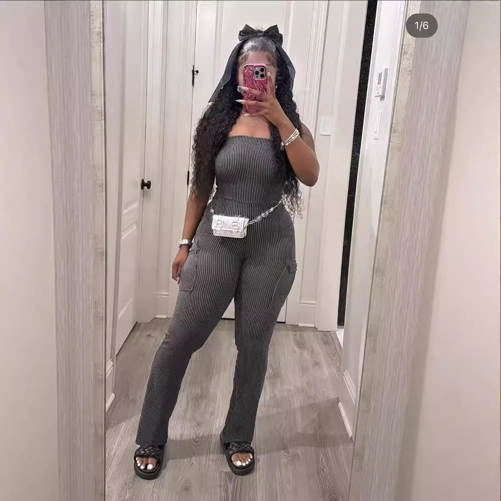 Womens Fashion Solid-color Ribbed-pocket Bodycon Jumpsuit