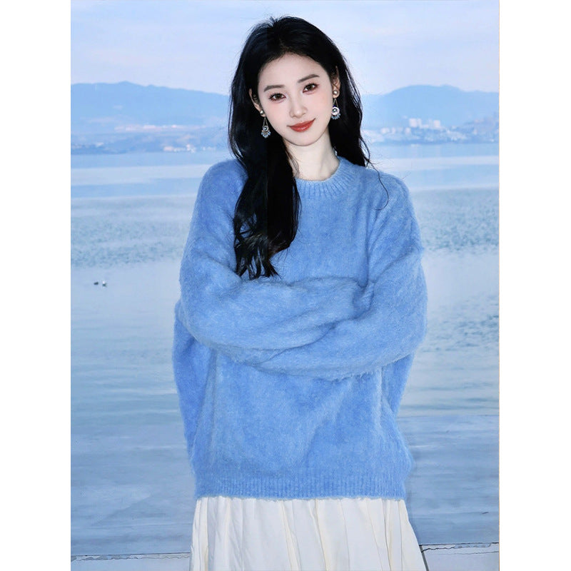 Loose and Lazy Style Klein Blue Furry Pullover