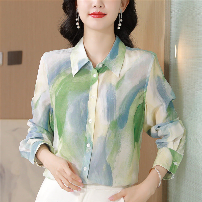 Chinese Ink Painting Style Printed Faux Silk Shirt