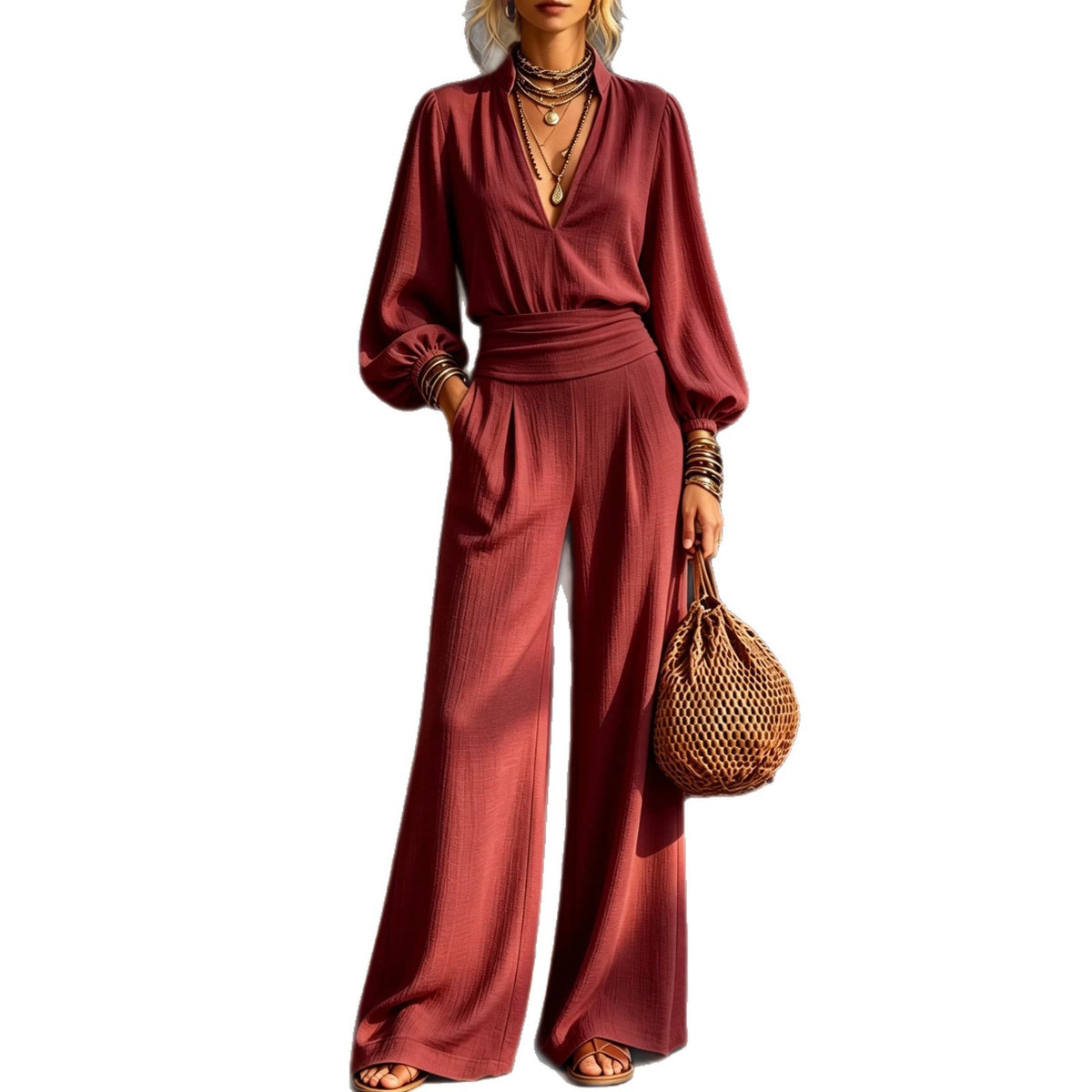 Elegant V-Neck Waist-Cinching Long-Sleeve Jumpsuit