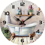 Round Wooden Modern Wall Clock for Bathroom, AA Battery Powered, Flat Crown, Silent Design, No Battery Included