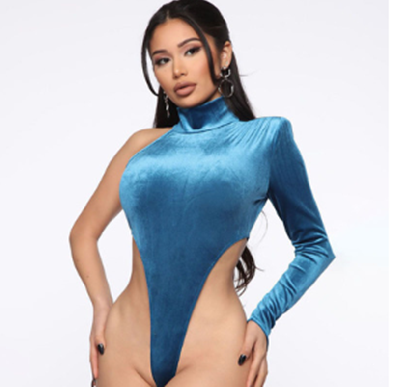 Gradient Single-sleeve High-neck Velvet Jumpsuit