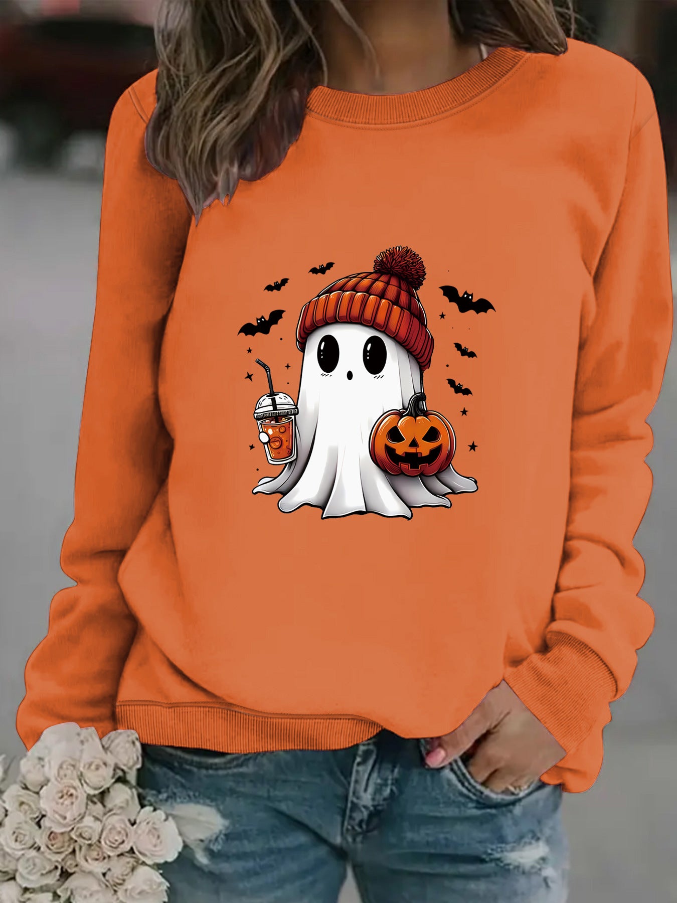 Ghost Snowman Print Crewneck Sweater