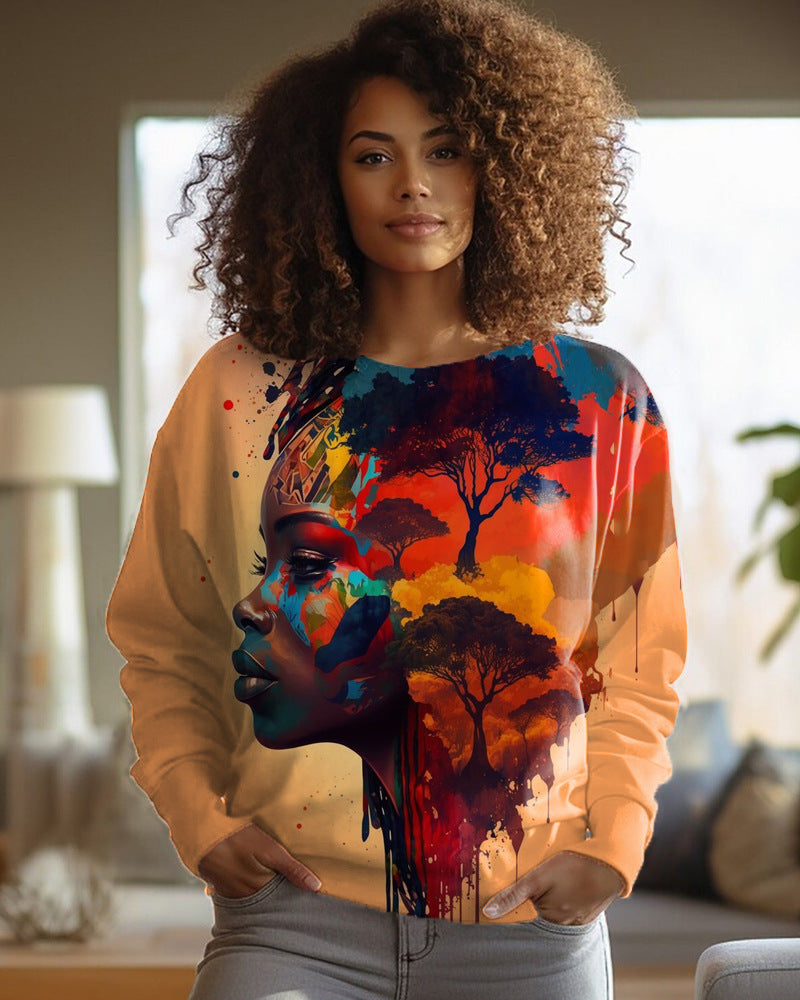 Chic Printed Long-Sleeve Round-Neck Women's Sweater