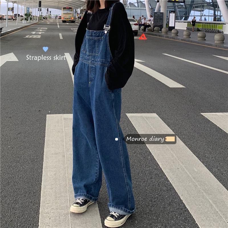 Plus Size High Waist Wide Leg Denim Suspender Pants
