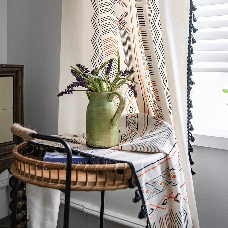 Boho Cream Cotton and Linen Print Sun Shade Non-punched Curtain Fabric