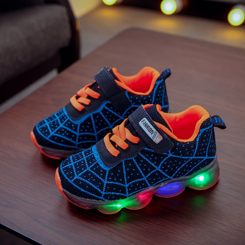 Children's Luminous LED Light-Up Sneakers with Mesh Spider Design