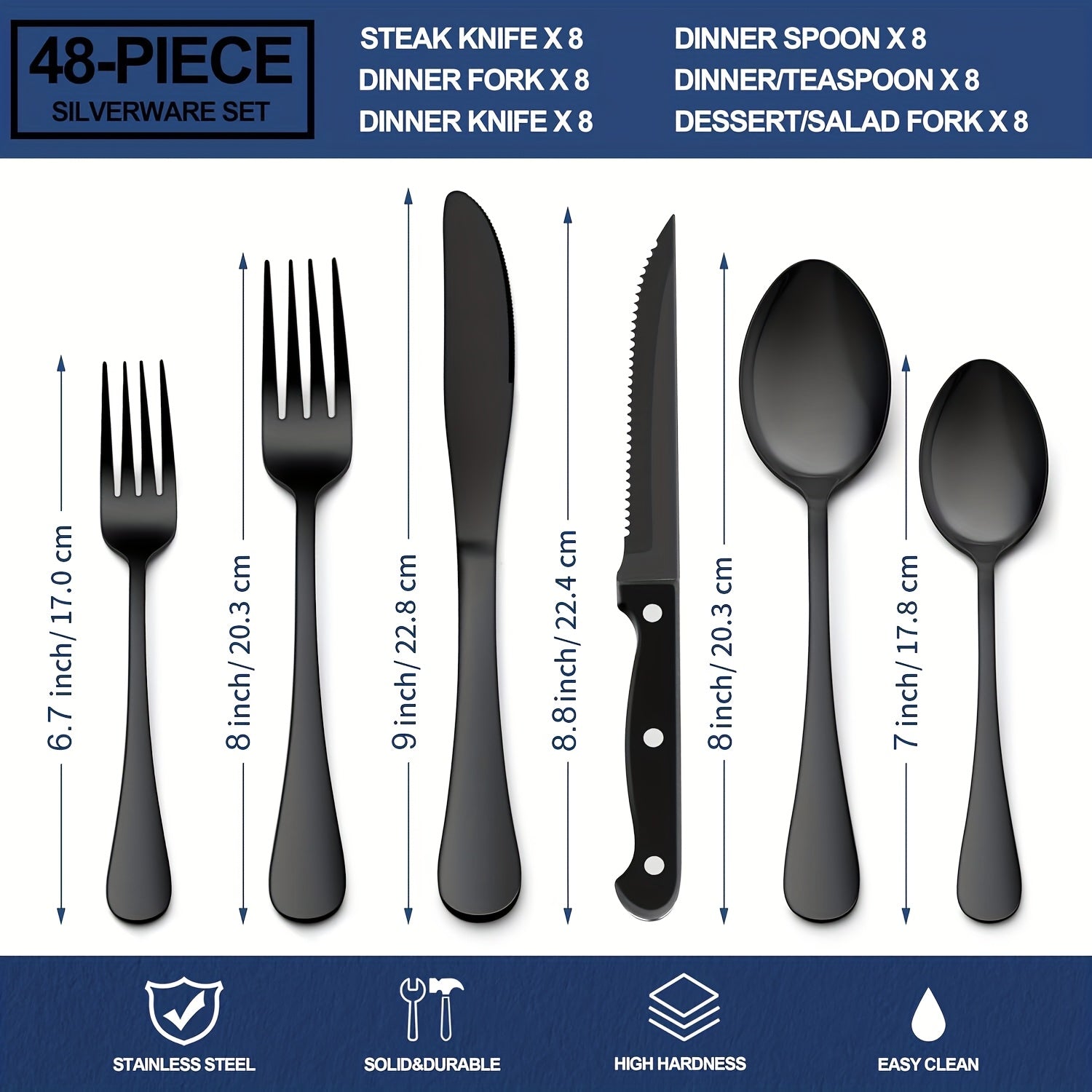 48-Piece Silverware Set With Steak Knives, Halloween Stainless Steel Flatware Cutlery Set, Eating Utensils For 8, Spoons Forks Knives For Home Kitchen, Simple Design & Mirror Finish, Dishwasher Safe