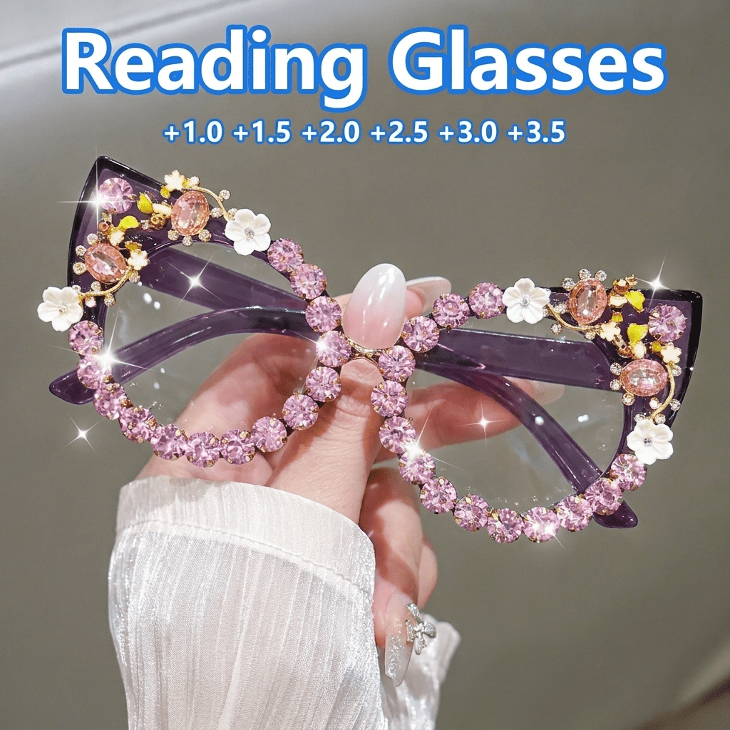 Cat-Eye Glasses with Large Floral and Gemstone Details – Fashionable Unisex Style for Sparkling Parties