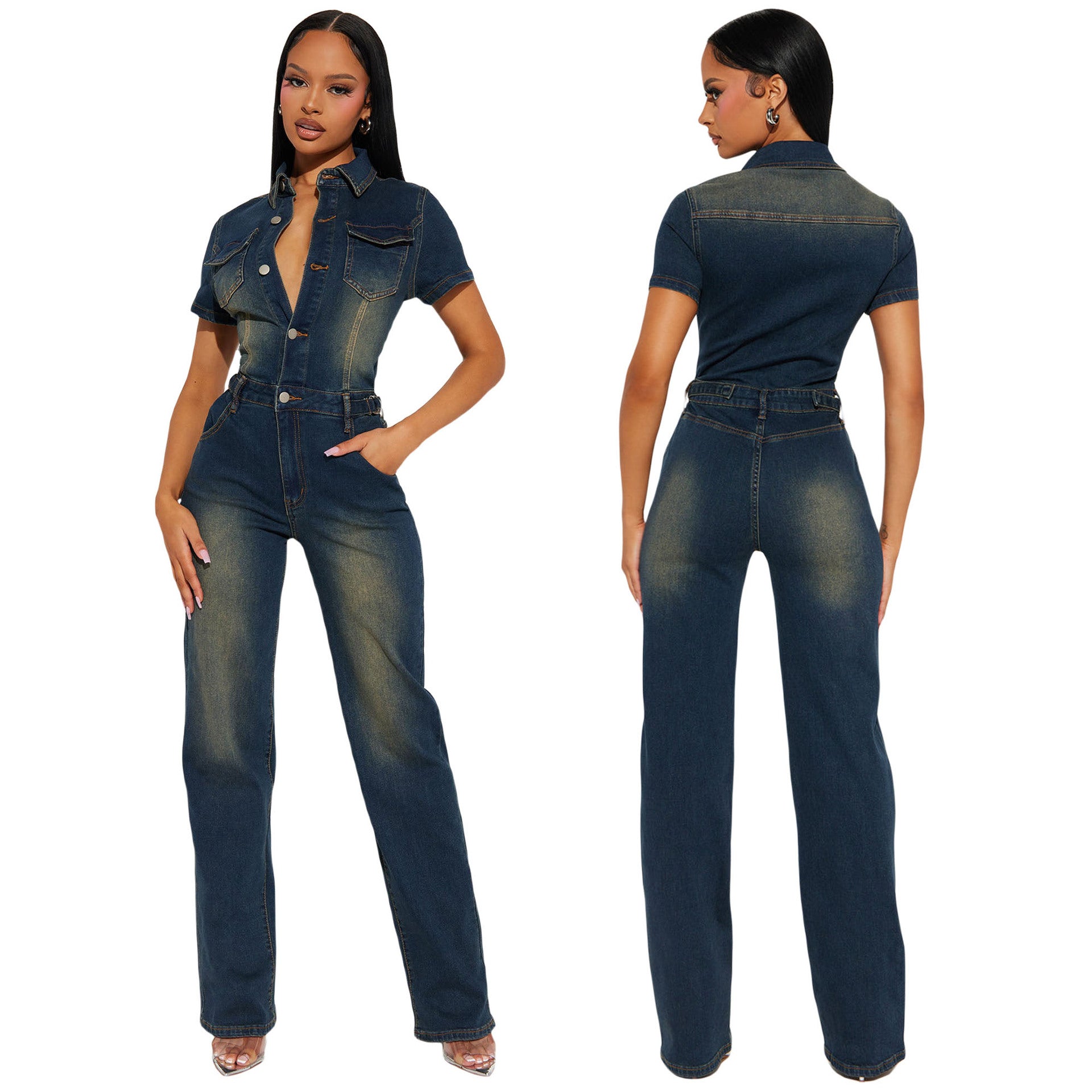 Washed Denim Waist-Slimming Elastic Jumpsuit