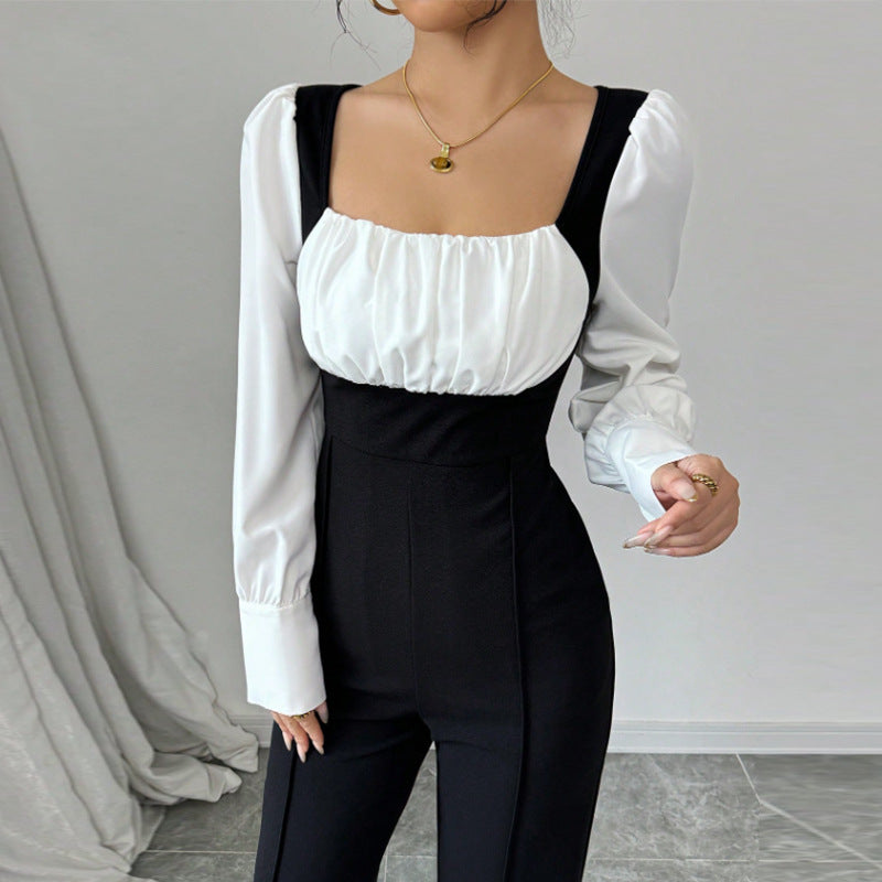 Chic Color-Block Long-Sleeve Straight-Leg Jumpsuit