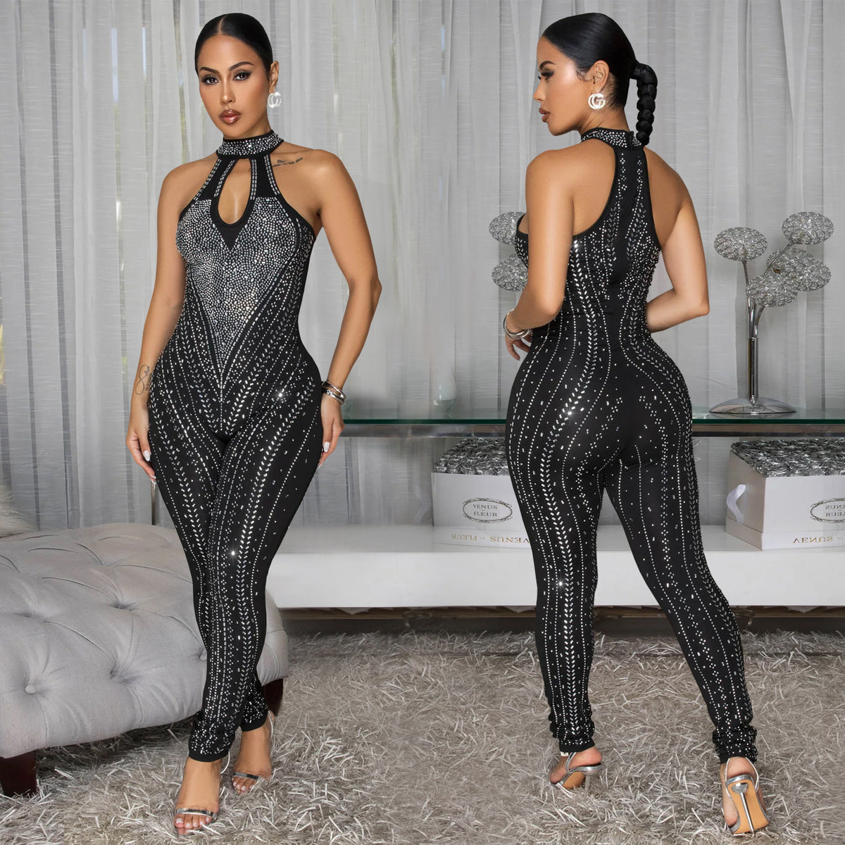 Elegant Rhinestone Slim-Fit Jumpsuit