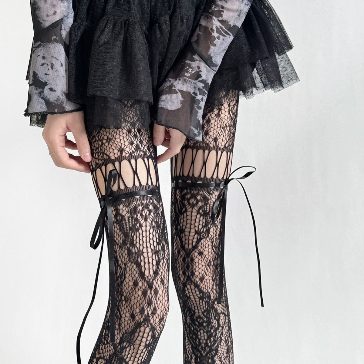 Dark Gothic Bow Fishnet Hollow-Out Pantyhose