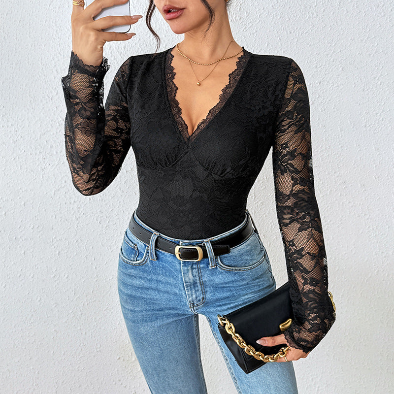 Seductive Black Lace V-Neck Bodysuit with Hollow Back