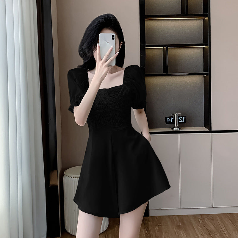 Lace Square Collar Puff Sleeve Slim-fit Jumpsuit
