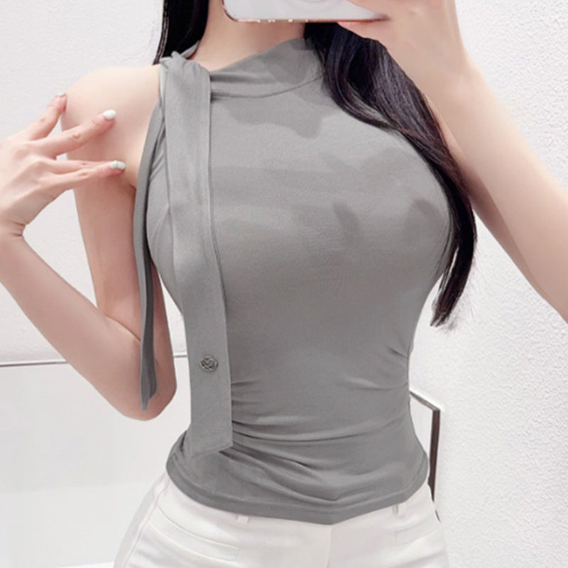 Ribbon-trimmed Mock-neck Slimming Sleeveless Tank Top
