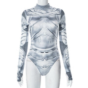 Edgy Mechanical Print Turtleneck Long Sleeve Jumpsuit