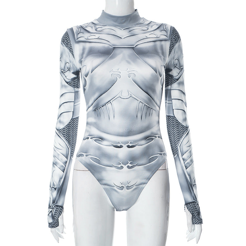 Edgy Mechanical Print Turtleneck Long Sleeve Jumpsuit