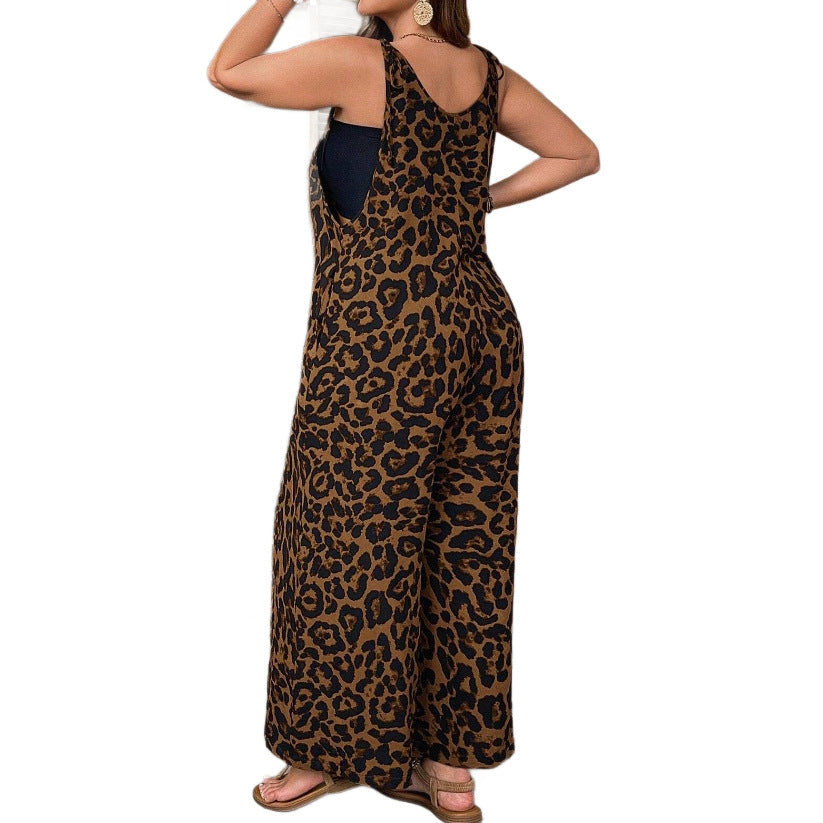 Leopard-print Strap Jumpsuit Plus-size Womens Clothing