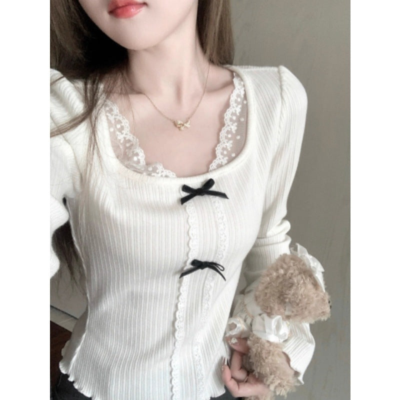 Bow Lace Stitching Long Sleeve T-shirt Women's Bottoming Top