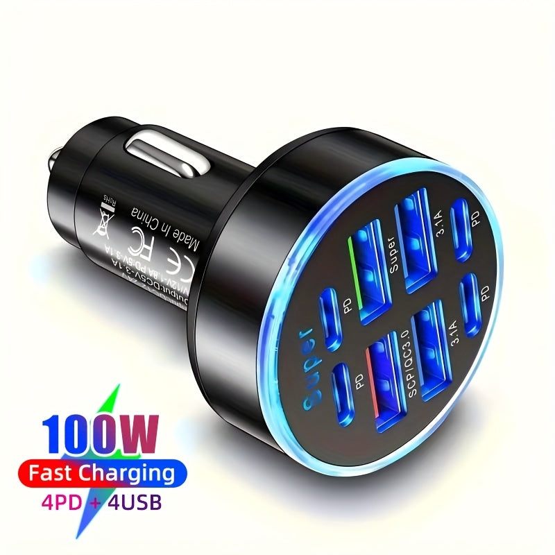 8-Port Car Charger with QC3.0 Fast Charging. PD+USB multi-device charger for cars/SUVs/trucks. Smart chip ensures stable charging. No battery needed. Perfect Halloween/Christmas