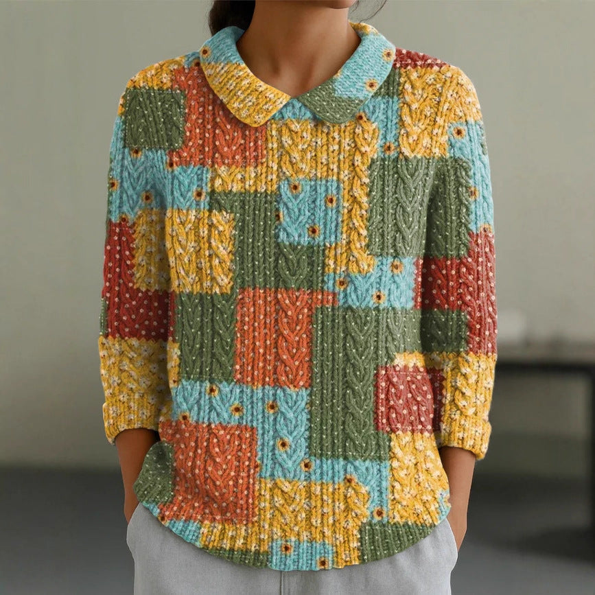 Autumn and Winter New Women's Doll Collar Knitted Jacquard Fabric French Retro Printed Top