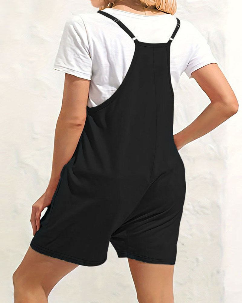 Casual Fake Two-Piece Spaghetti Strap Pocket Jumpsuit Romper