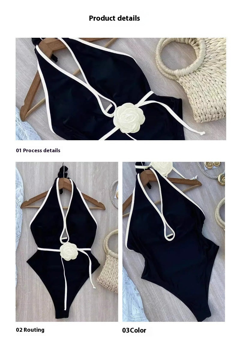 Chic Lace Floral One-Piece Slimming Halter Swimsuit