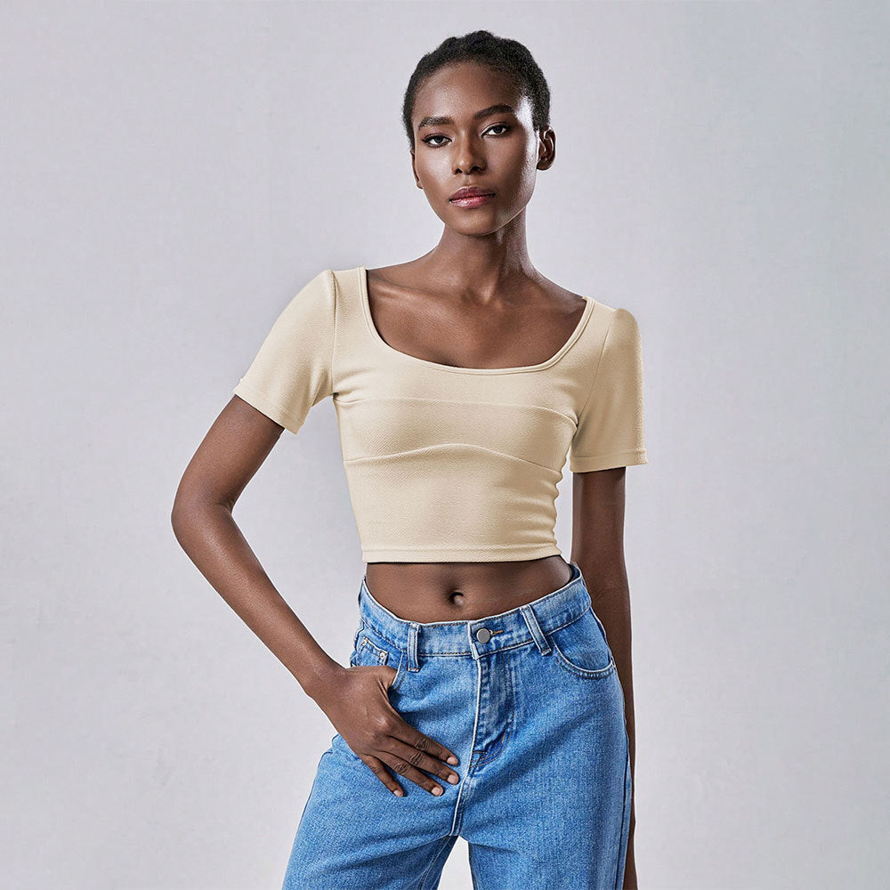 Apricot Cropped Short‑Sleeve Top – Midriff‑Baring Trendy Casual Shirt