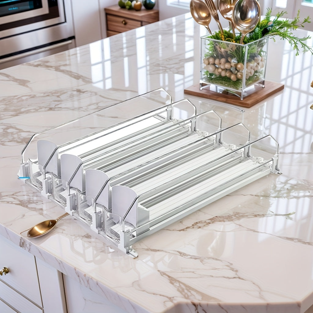 Adjustable Auto-Sliding Refrigerator Drink Organizer Rack – 4/3/2/1 Row Configurations for Cans and Bottles